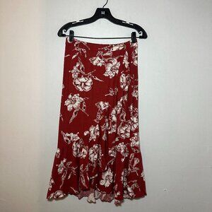 ZARA Red Floral Ruffle Midi Skirt – Size Small